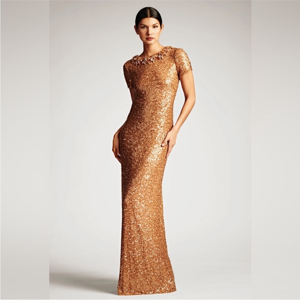Sachin + Babi Shiloh Honey Gown Elegant Gold Sequin Column Gown Rhinestone Trim